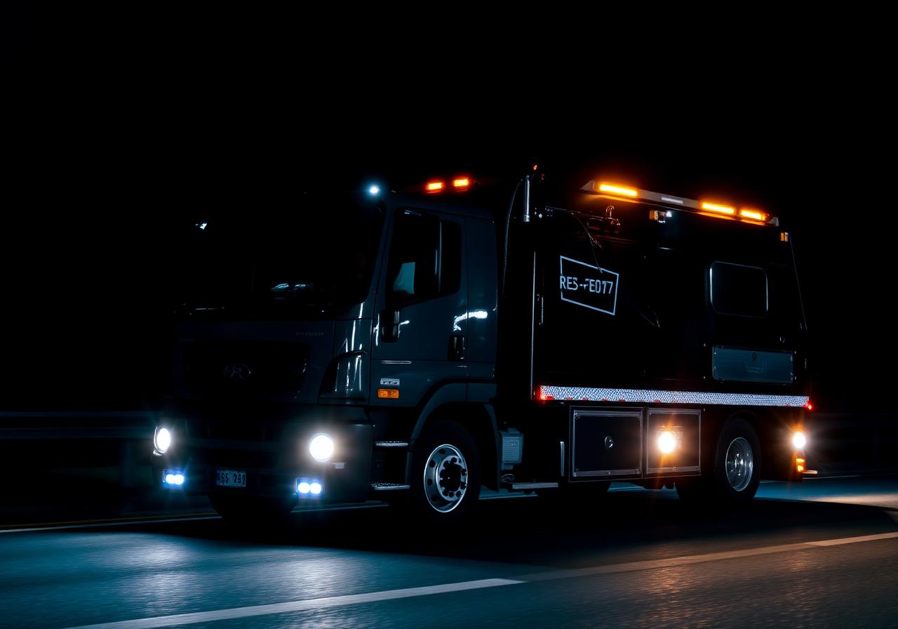 Commercial recovery vehicle on the road at night